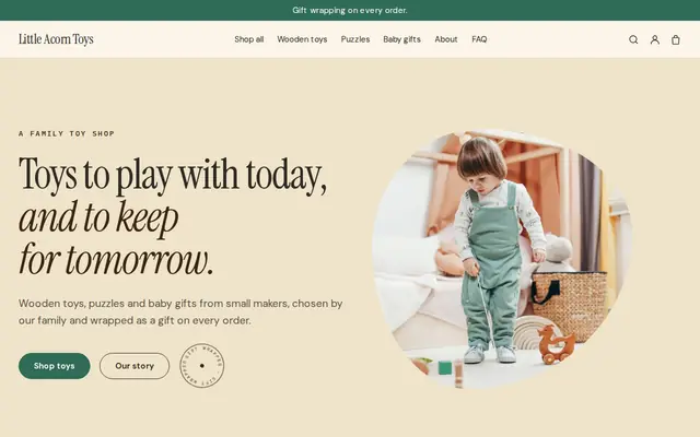 The Acorn theme on the sample website of Little Acorn Toys