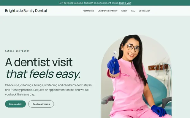 The Brightside Family Dental sample website, made with Cornerrr’s Brightside theme