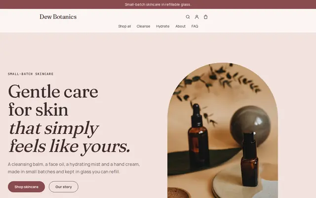 The Dew theme on the sample website of Dew Botanics