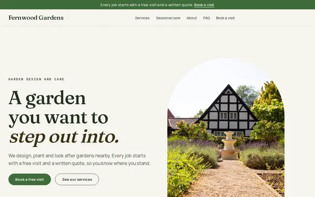 The Fernwood theme on the sample website of Fernwood Gardens