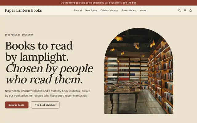 The Lantern theme on the sample website of Paper Lantern Books