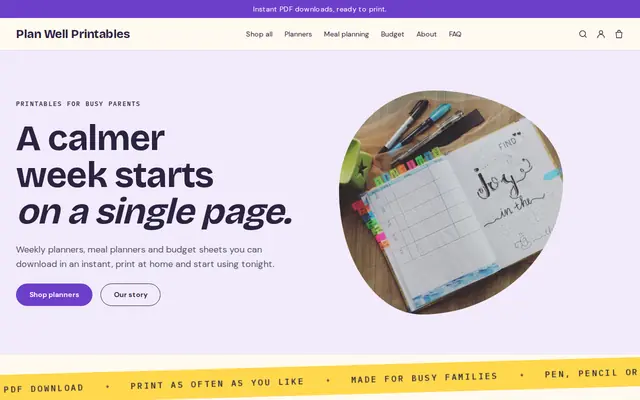The Plan Well Printables sample website, made with Cornerrr’s Plan Well theme
