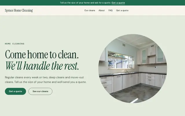 The Spruce Home Cleaning sample website, made with Cornerrr’s Spruce theme